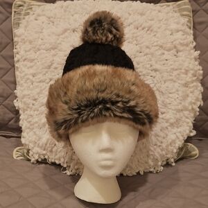 Starling Tania Black Wool Blend Cable Knit and Brown Faux Fur Pom-Pom Hat